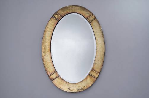 Antique Arts & Crafts wall mirror, oval, brass & copper, 1900 ca, English